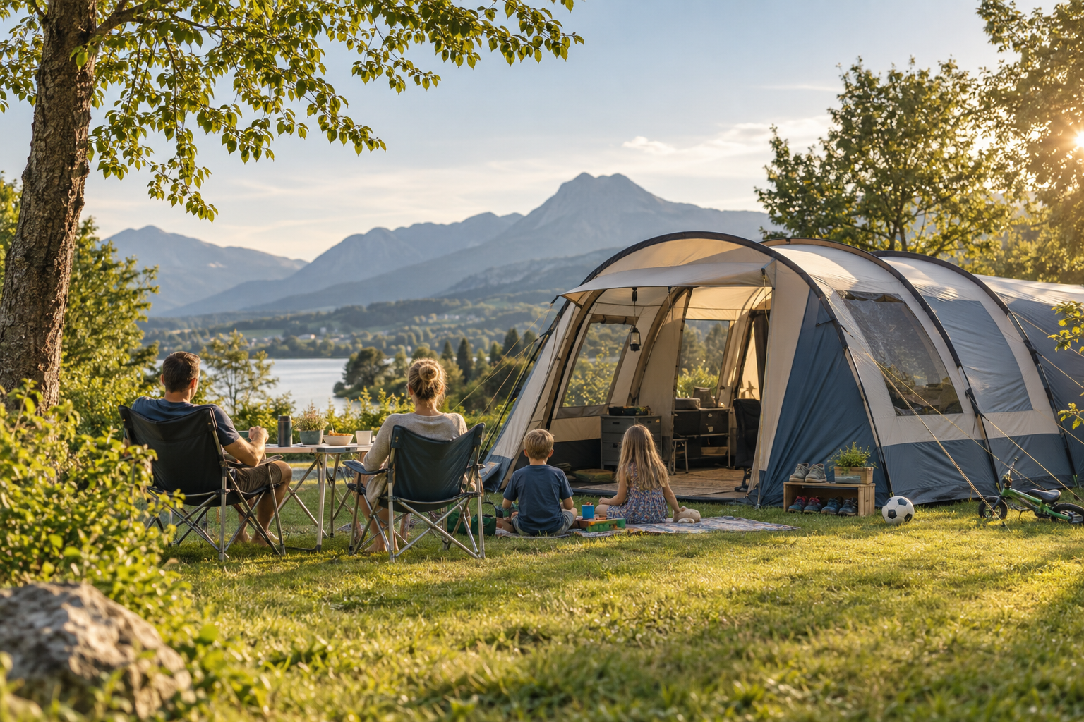 Familie mit zwei Kindern vor einem geräumigen Familienzelt auf einem grünen Campingplatz